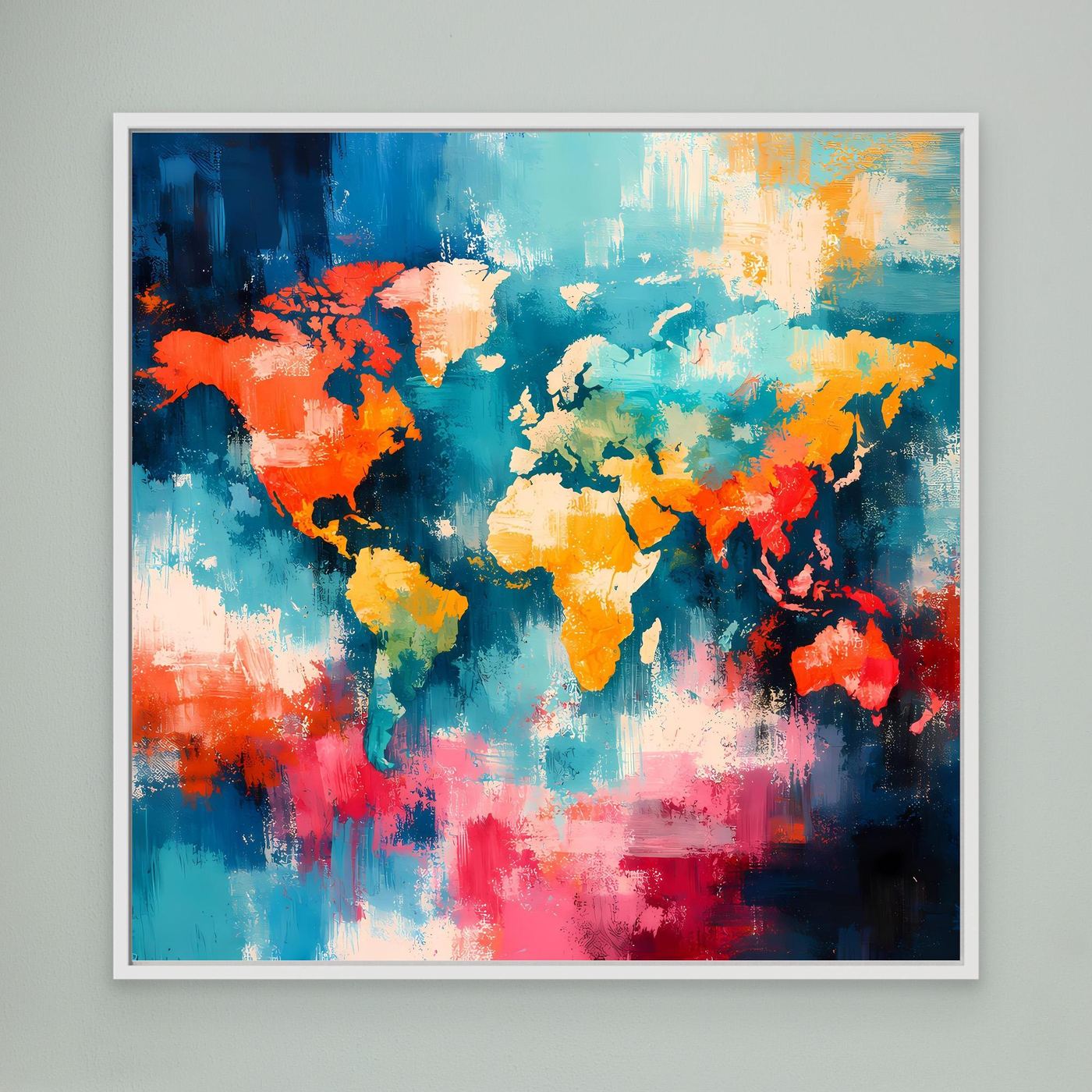 Abstract world map canvas with colorful splash-style continents in a white frame