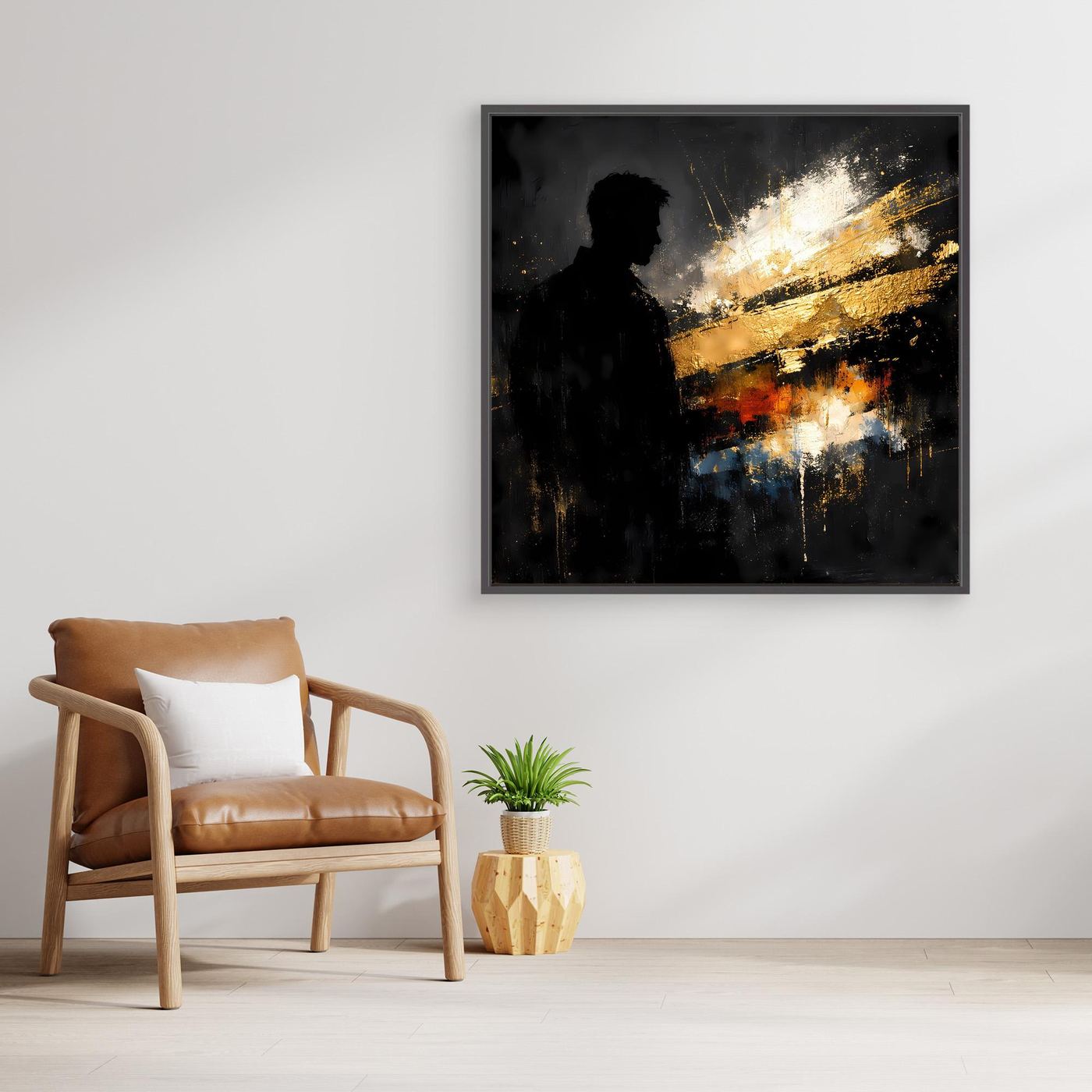 Leinwand Markante Silhouette in Gold und Schwarz | Modernes Abstraktes Männer Portrait Wandbild