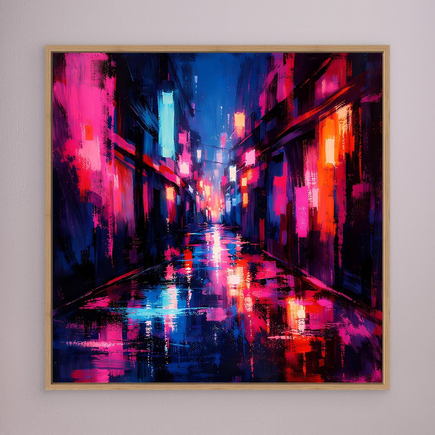 Leinwand Cyberpunk Nachtgasse im Regen | Modernes Neon Wandbild