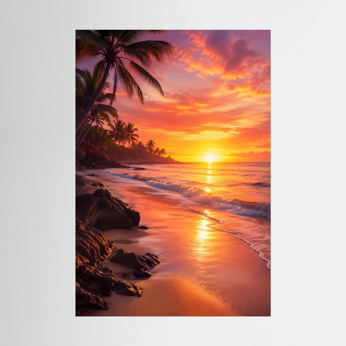Hochformatiges Poster mit tropischem Strand, Palmen und Sonnenuntergang im Orange-Rosa-Farbton
