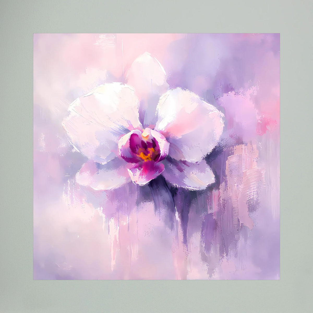 Nahansicht: Quadratisches Leinwand-Wandbild mit Orchideenblüte in Pink-Lila und Weiß