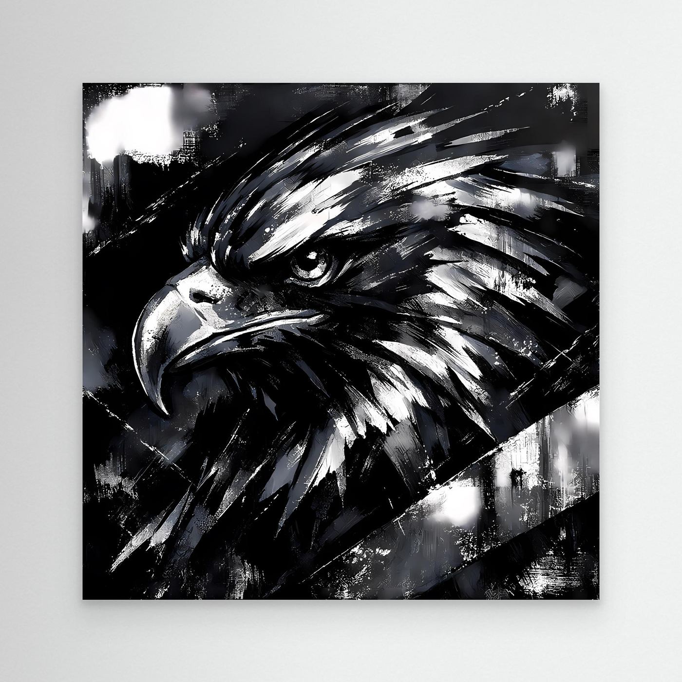 Leinwandbild mit schwarzem Adlerkopf im Schwarz-Weiß-Stil, abstrakte Pinselstriche