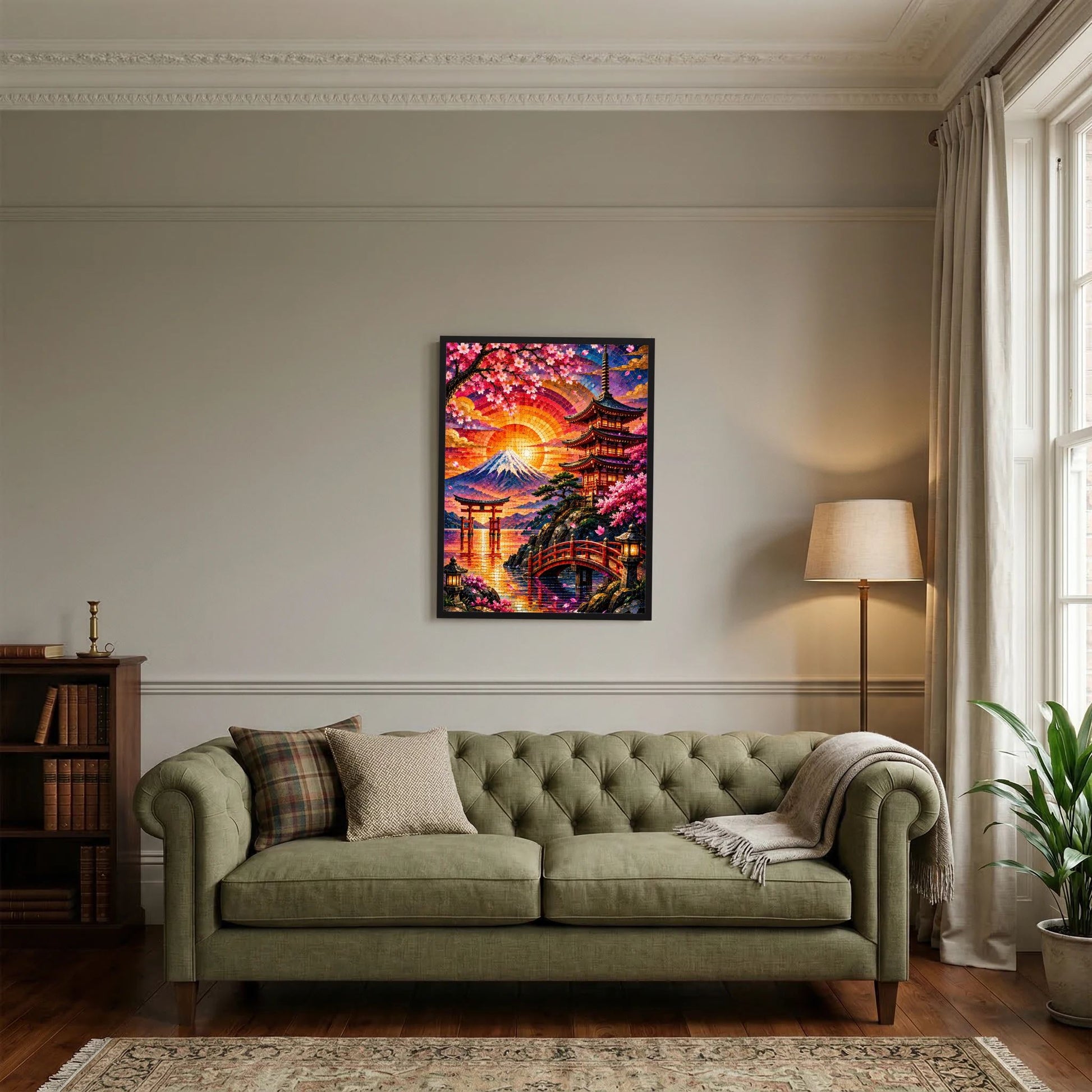 Wandposter im Hochformat mit schwarzem Rahmen, Mosaik-Landschaft mit Pagode und Sakura