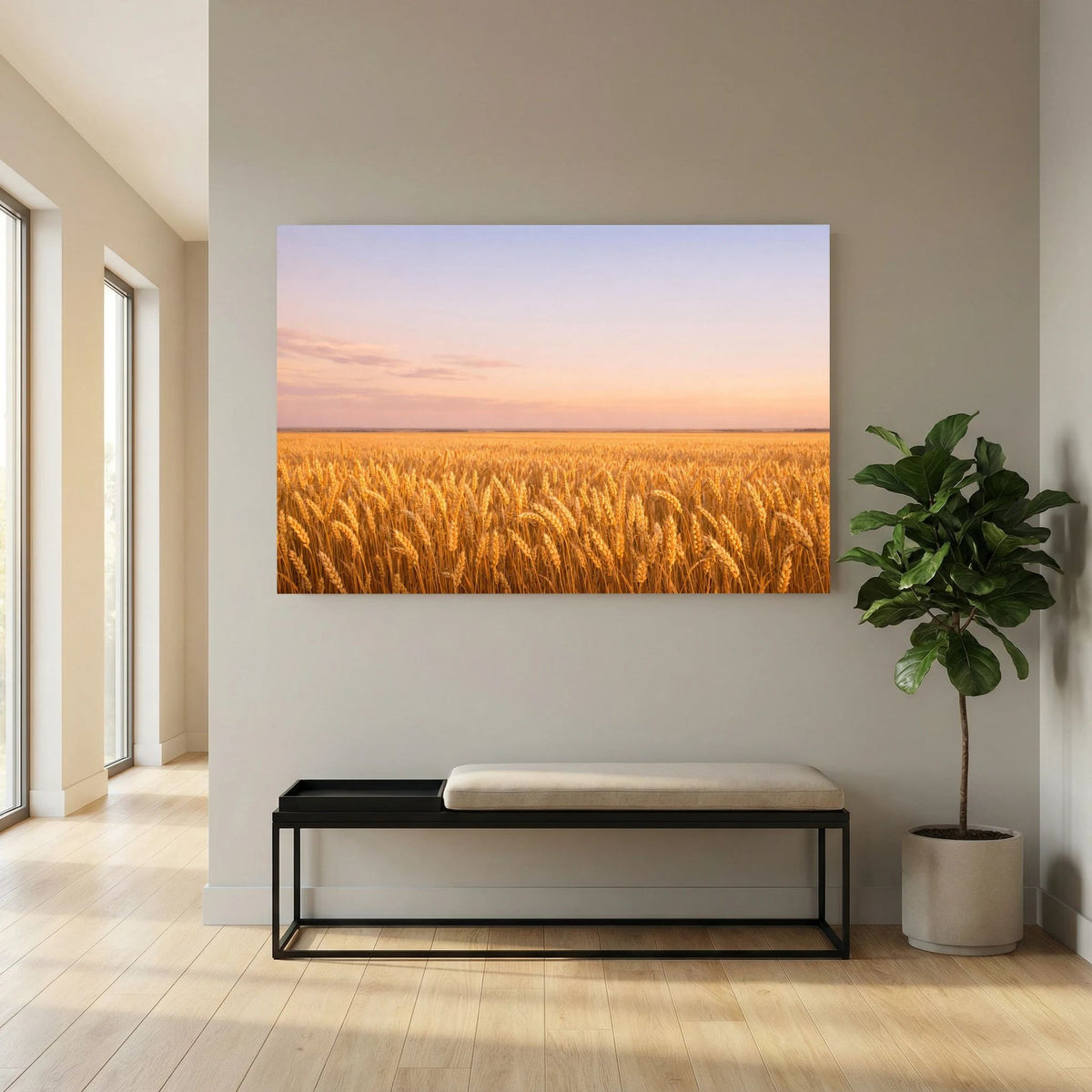 Rechteckiges Wandbild-Poster mit goldenem Weizenfeld bei Sonnenuntergang, Querformat.