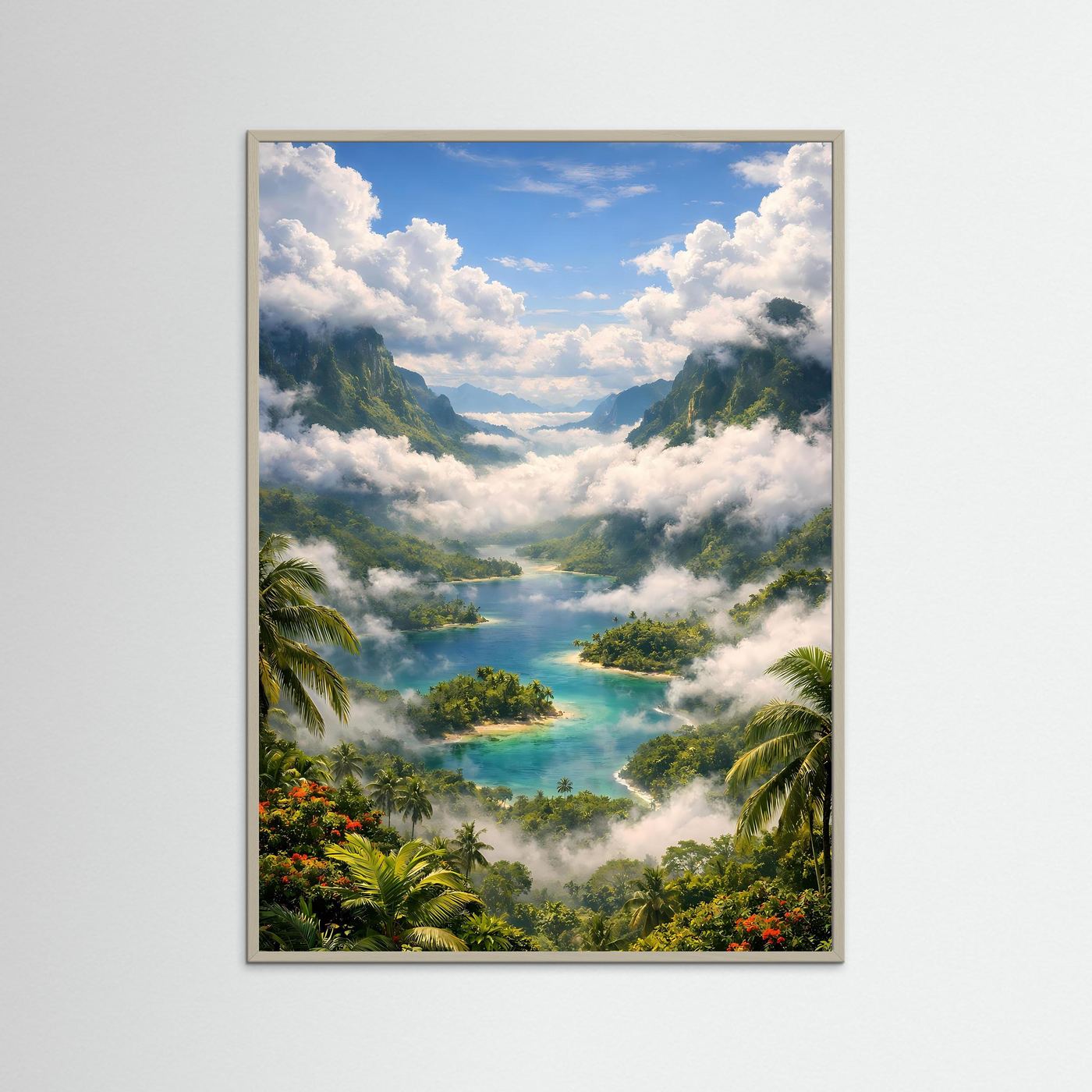 Poster im Hochformat mit hellem Holzrahmen: türkisfarbener Fluss, Palmen, Berge, Wolken