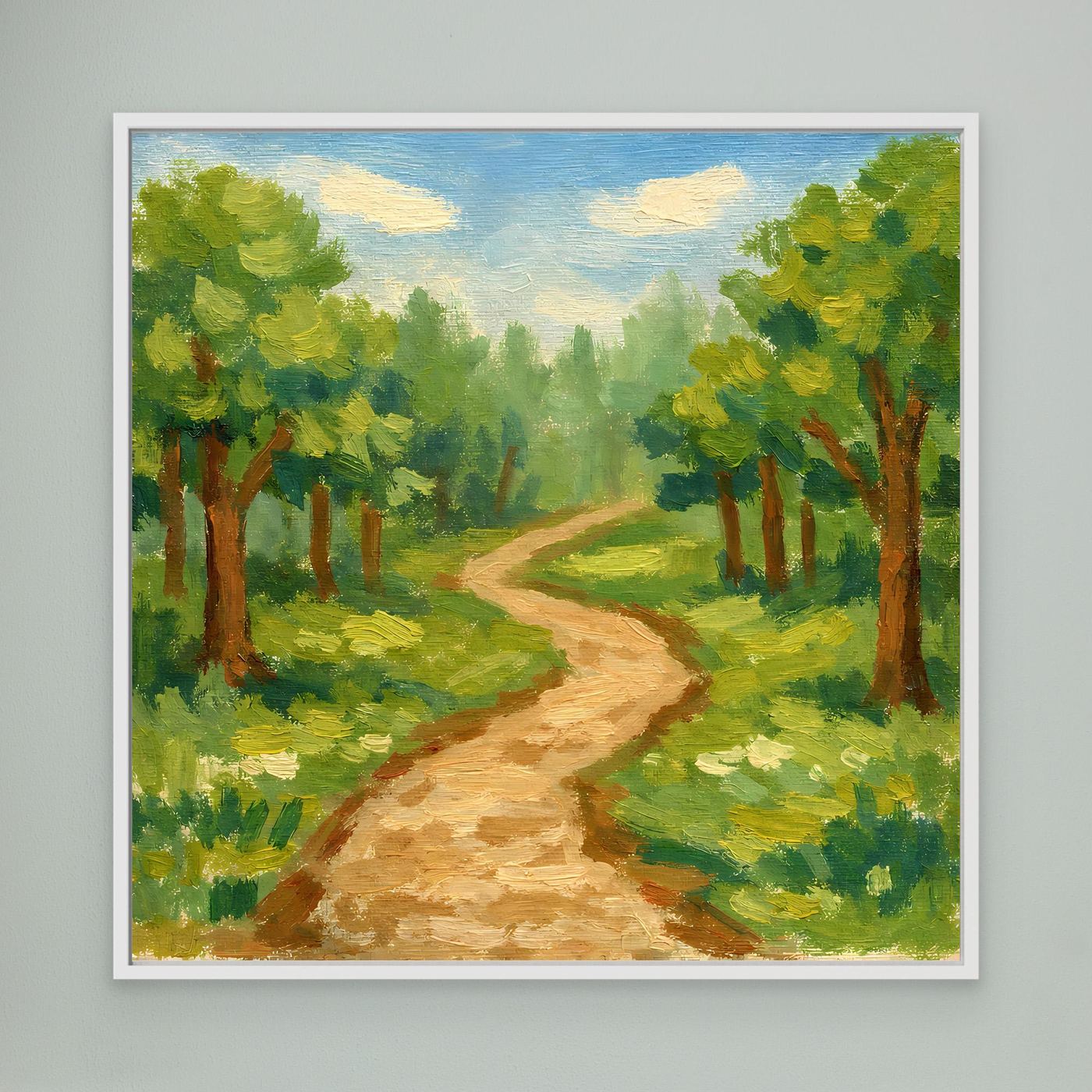 Leinwandbild Waldweg, weiß gerahmt; grüner Wald und goldener Pfad