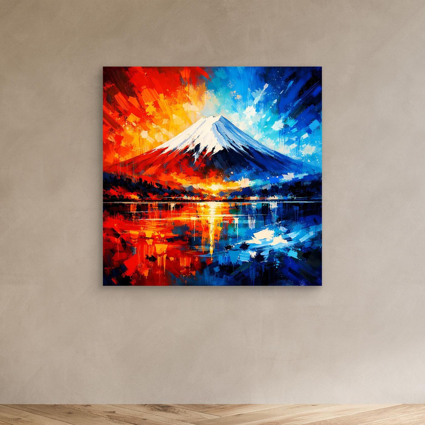 Leinwand Majestätischer Mount Fuji im Feuer- und Eis-Kontrast | Abstraktes Japan Wandbild