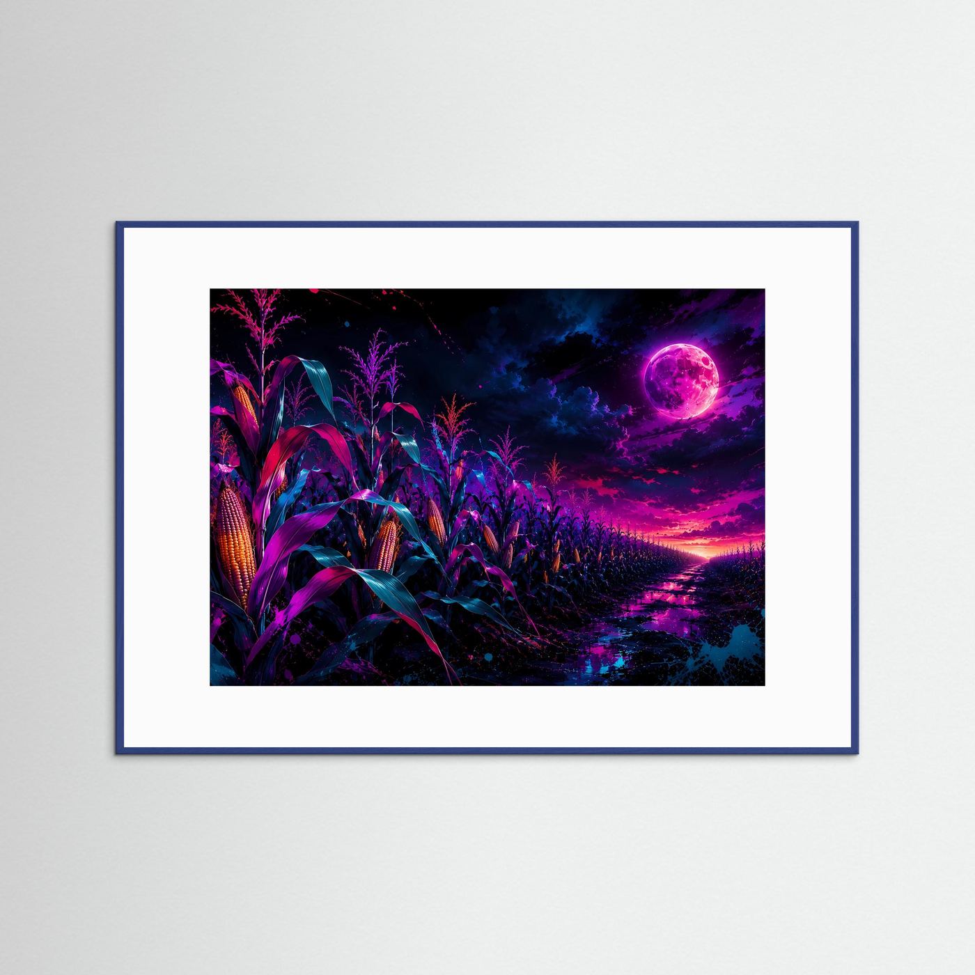 Neon-Maisfeld bei Vollmond | Mystische Fantasy-Landschaft in Pink, Lila & Blau