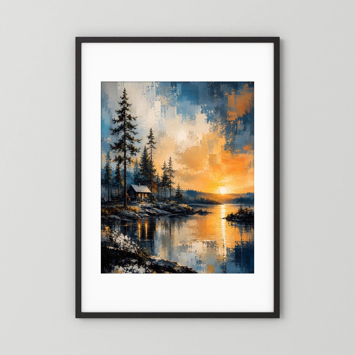 Naturposter mit abstrakter Waldlandschaft, Hütte am Wasser und Sonnenuntergang, schwarz mit weißem Rand