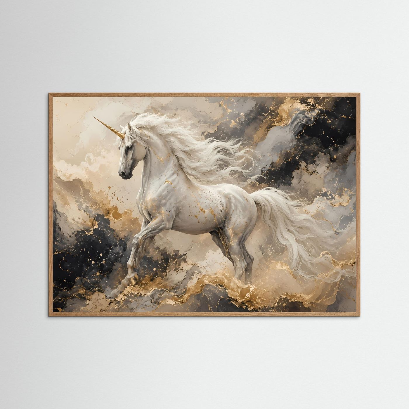 Einhorn Wandbild Weiß Gold | Mystische Fantasy Wandkunst | Elegantes Abstraktes Leinwandbild | Magisches Unicorn Poster | Premium Fine Art