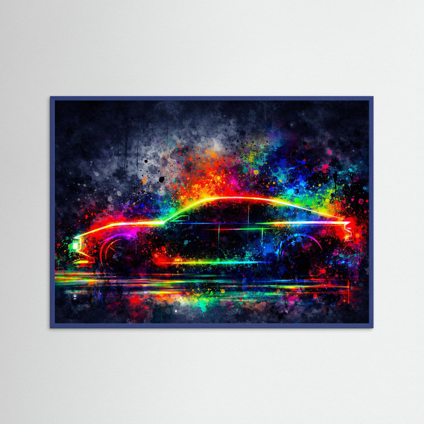 Neon Auto-Silhouette im Farbexplosion-Stil | Minimalistische Sportwagen Kunst Poster Querformat