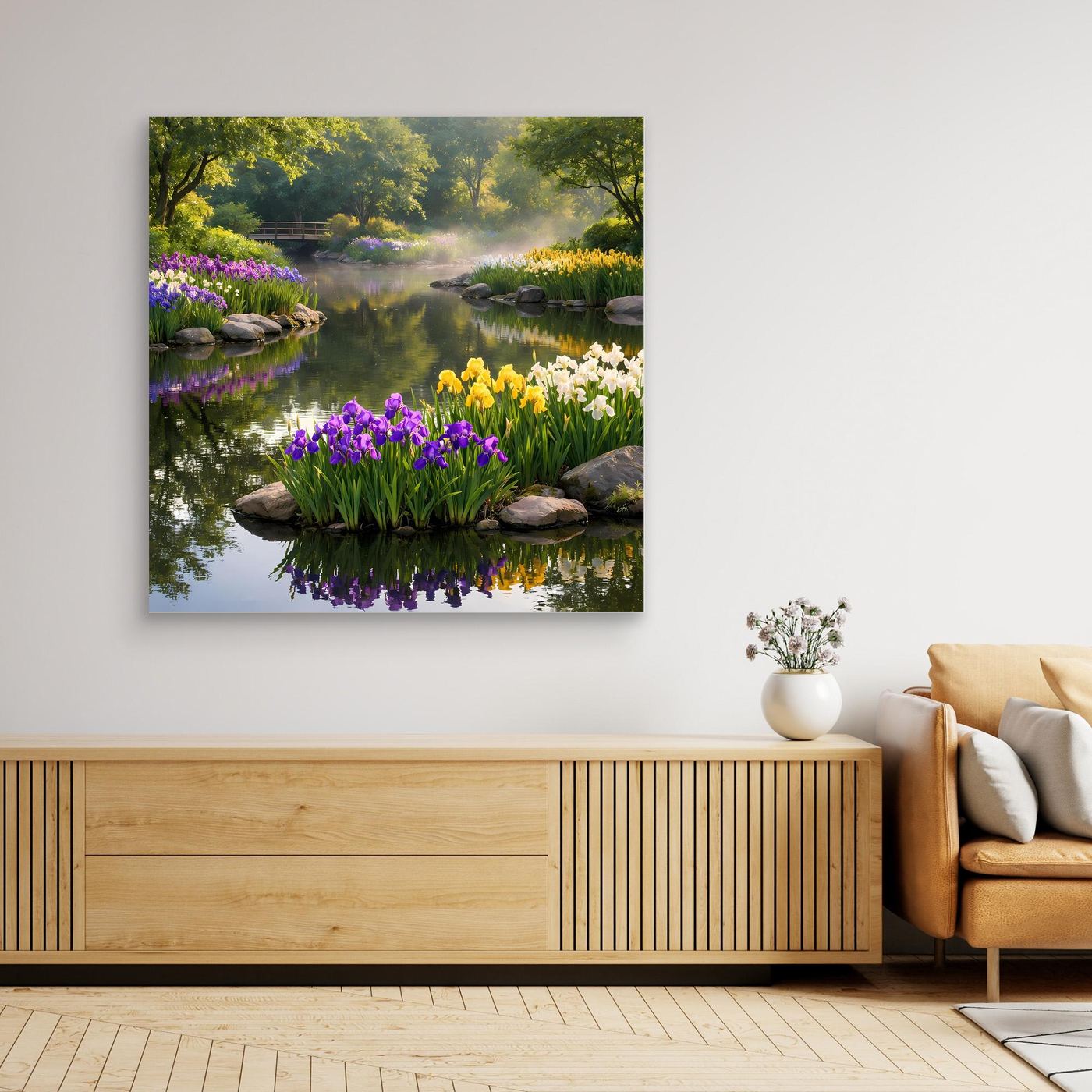 Leinwandbild: Teichszene mit lila Irisblüten, Steinen und Spiegelbild auf dem Wasser