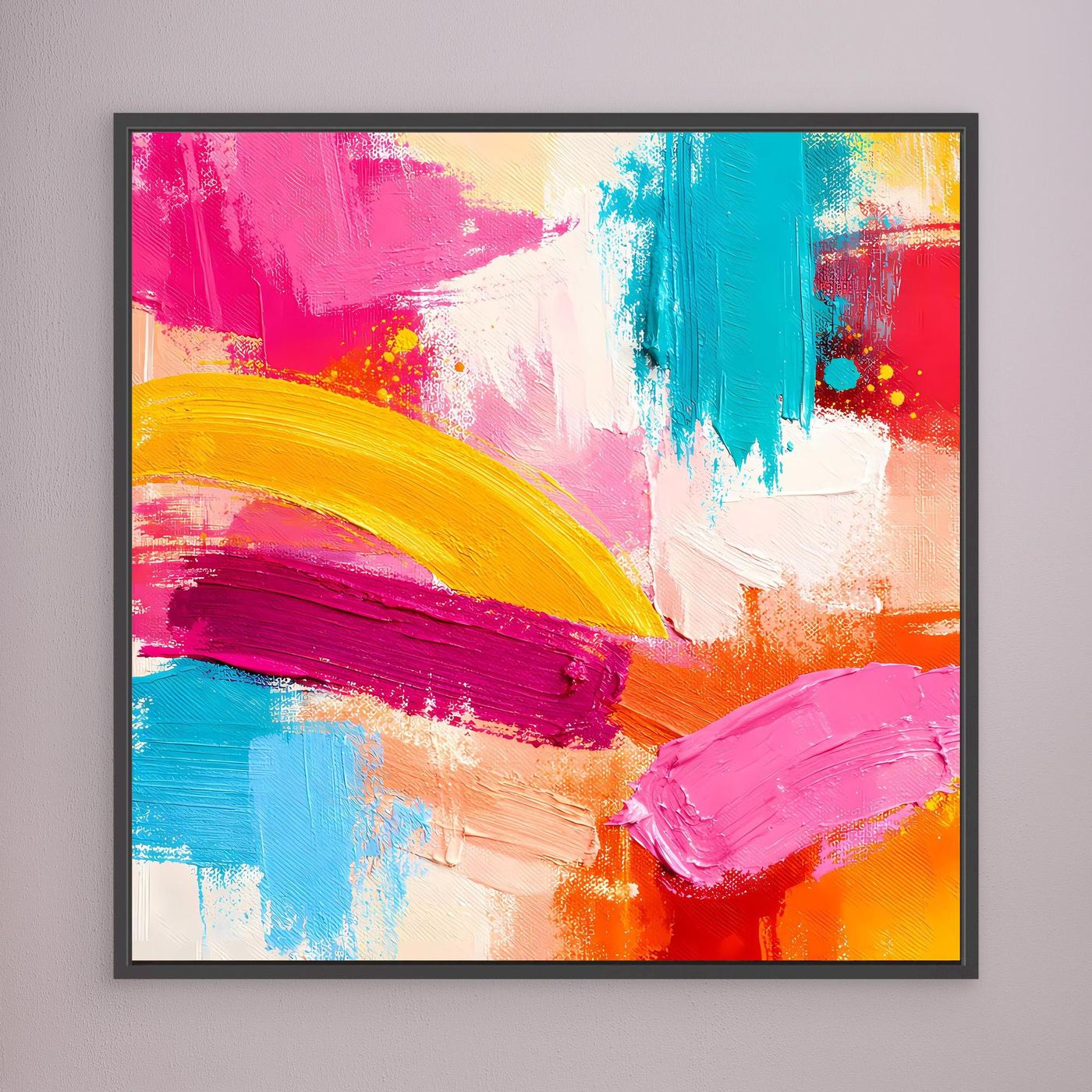Abstract pastel canvas wall art with dark frame, pink, teal, yellow, and orange layered brushstrokes