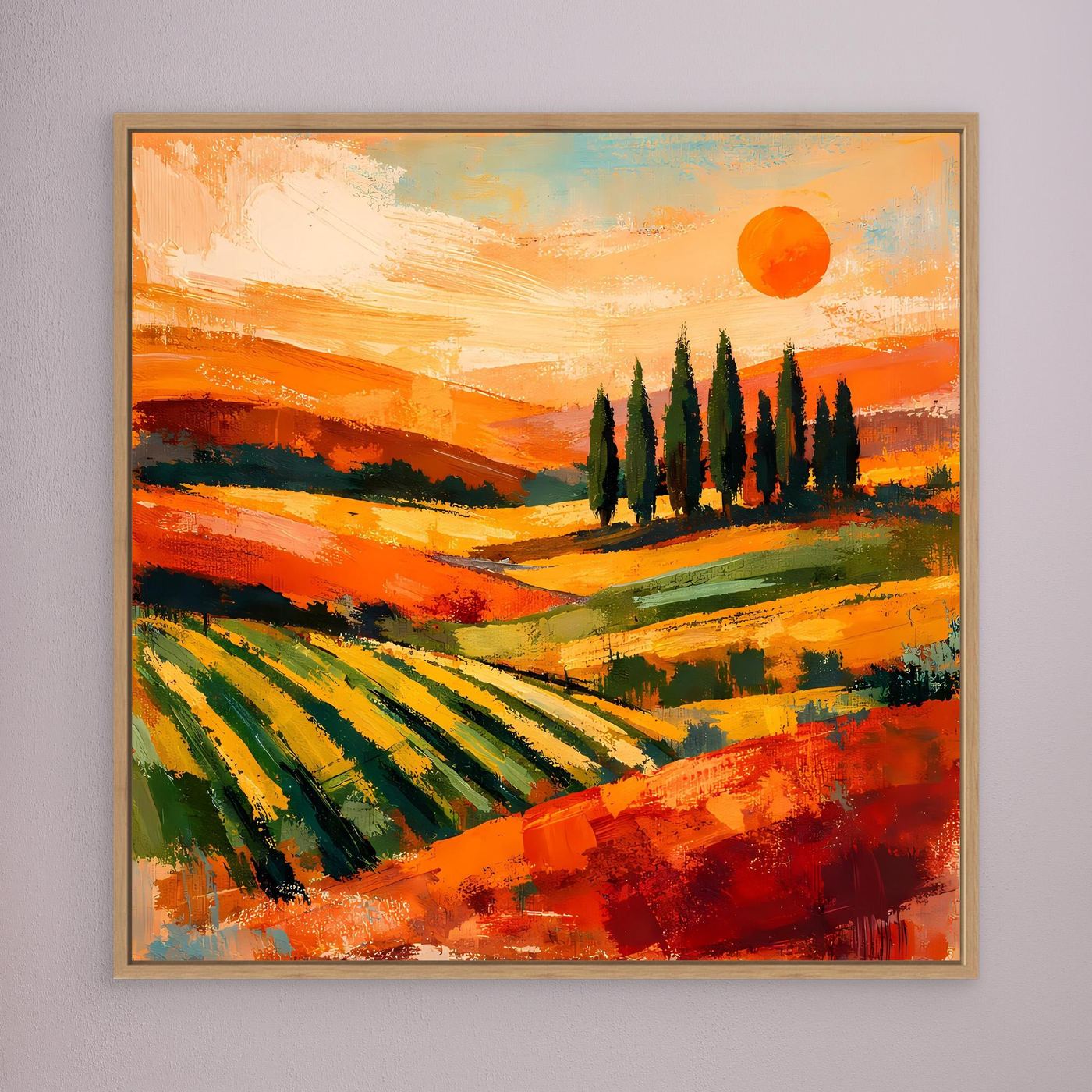 Leinwand-Wandbild Toskanische Hügellandschaft, orange Sonne und Zypressen, braun gerahmt