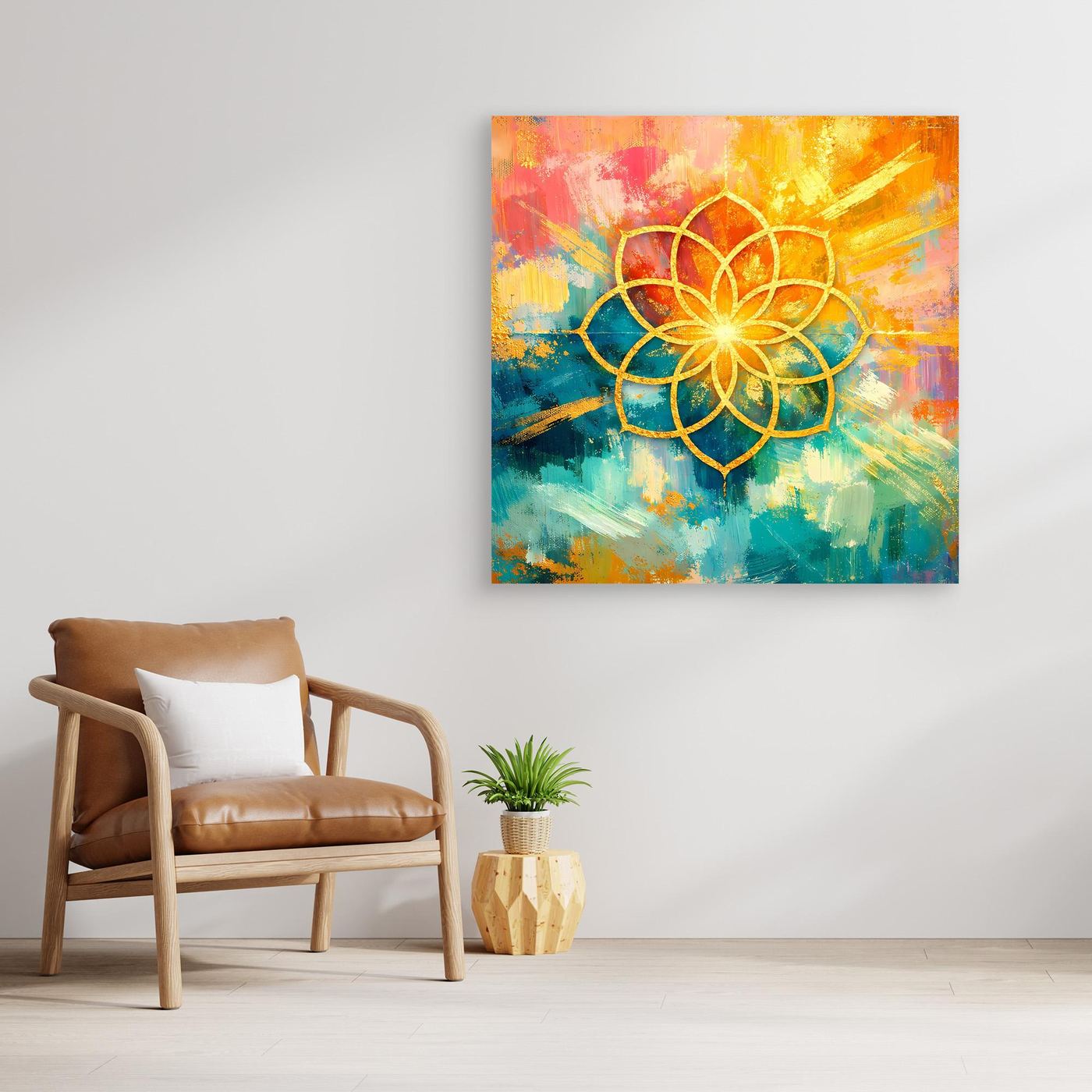 Leinwandbild Blume des Lebens: Mandala mit goldenen Linien, mehrfarbiger Hintergrund, braun gerahmt.