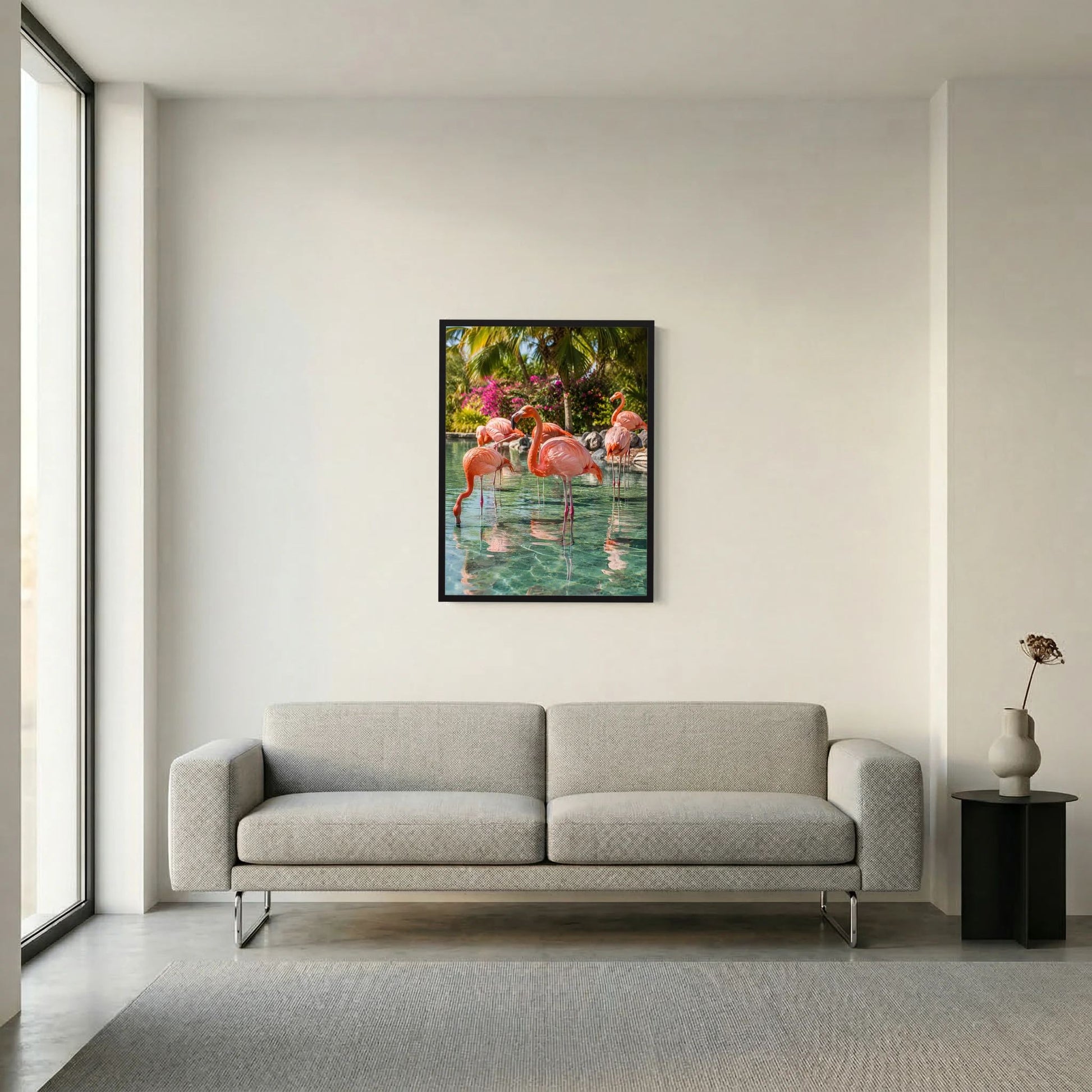 Hochformat-Poster mit Flamingos im Wasser und tropischem Grün im Hintergrund
