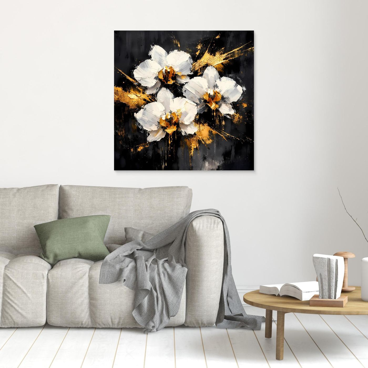 Leinwand Elegante Orchideen in Weiß und Gold | Modernes Abstraktes Blumen Wandbild