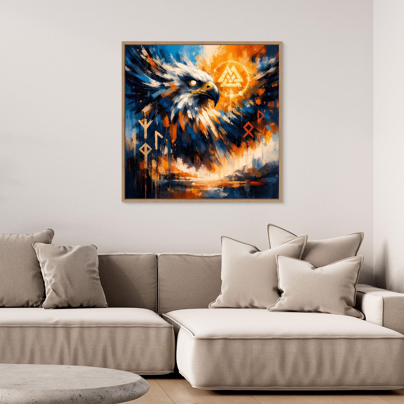 Gerahmtes Leinwandbild mit abstraktem Adler, blau-orange Farbverlauf und Runensymbolen.