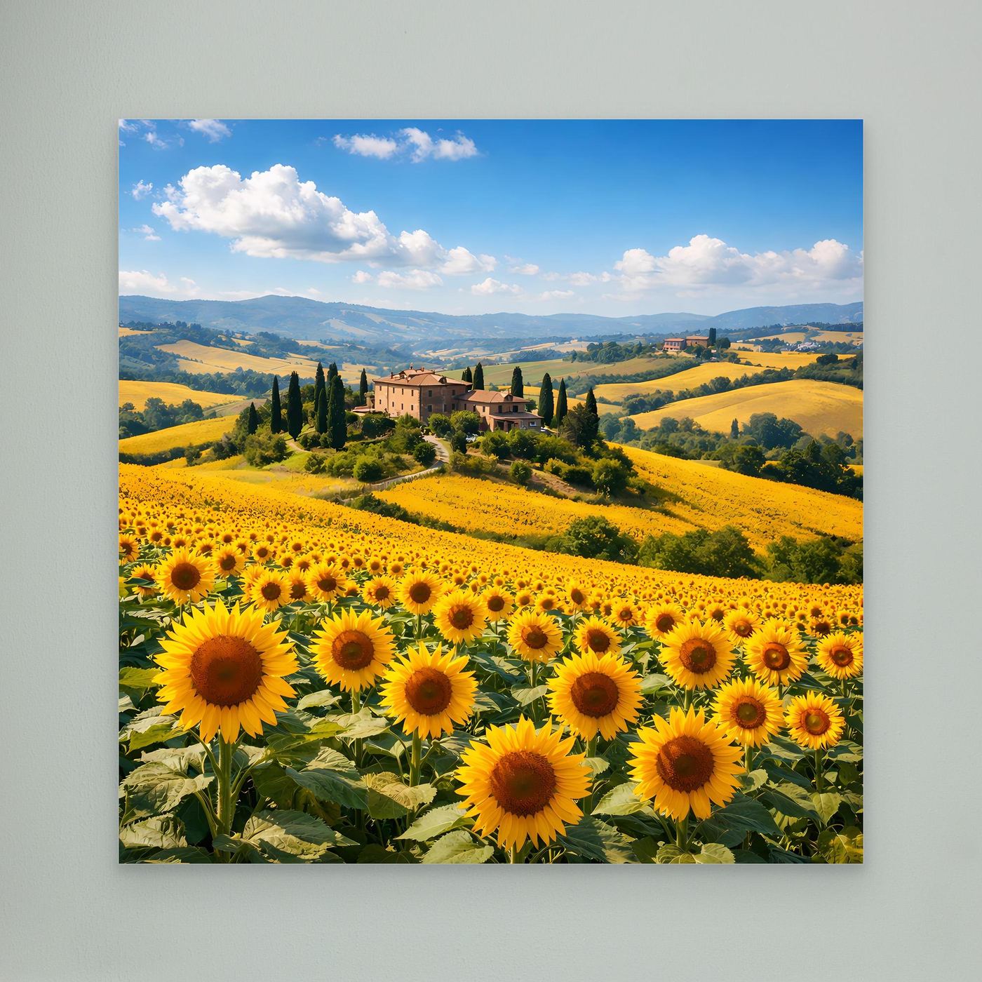 Leinwandbild mit Sonnenblumenfeld in Toskana-Landschaft, rechteckig