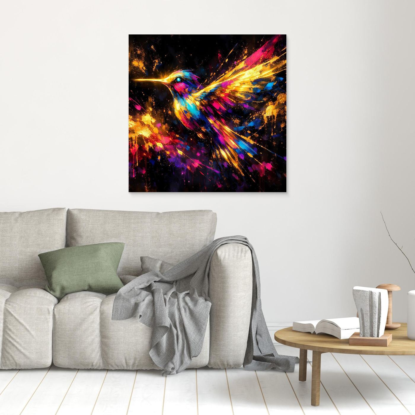 Leinwand Farbenfroher Kolibri im Flug | Abstraktes Modernes Wandbild Bunt