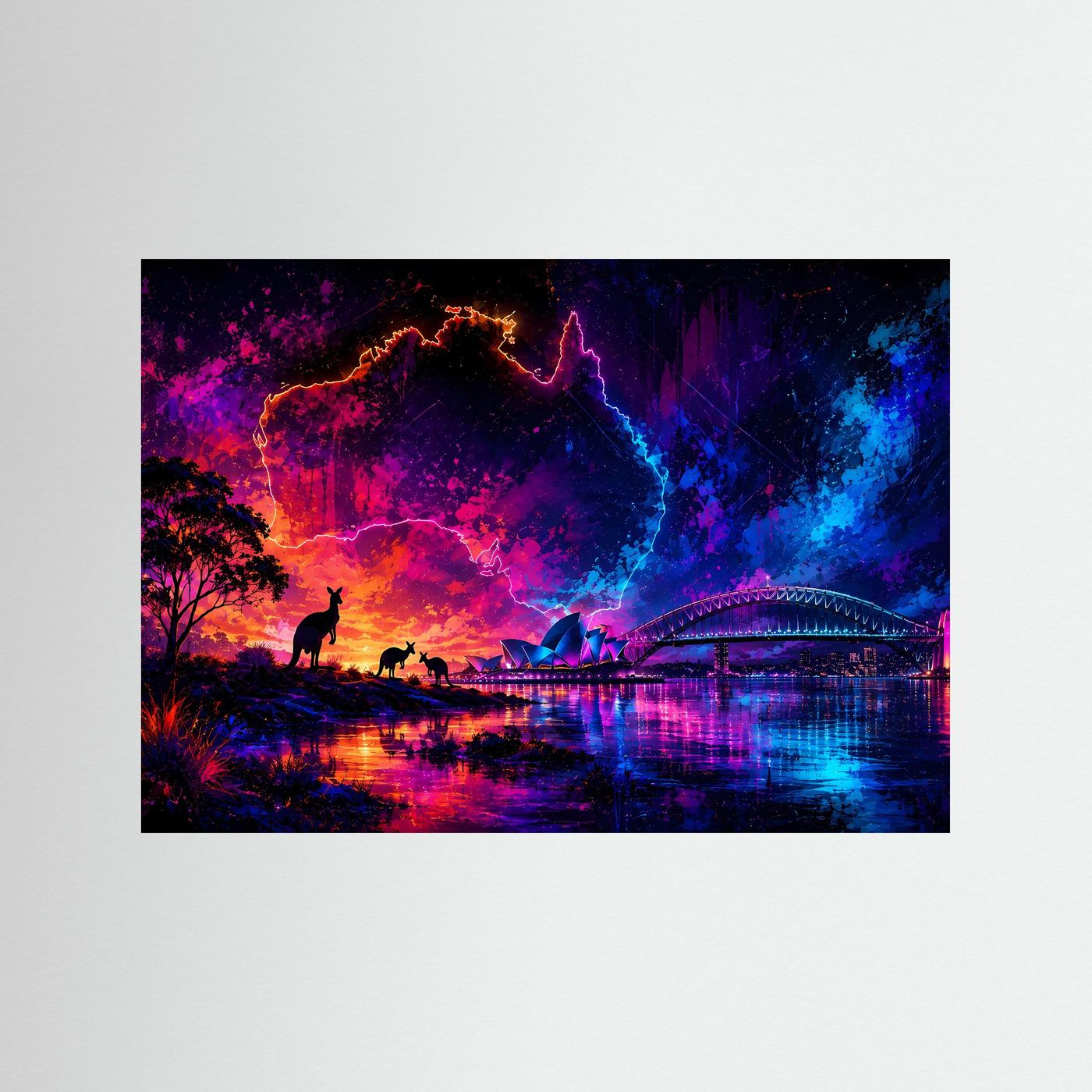 Sydney Skyline mit Kängurus im Neonstil | Abstraktes Australien Poster Querformat