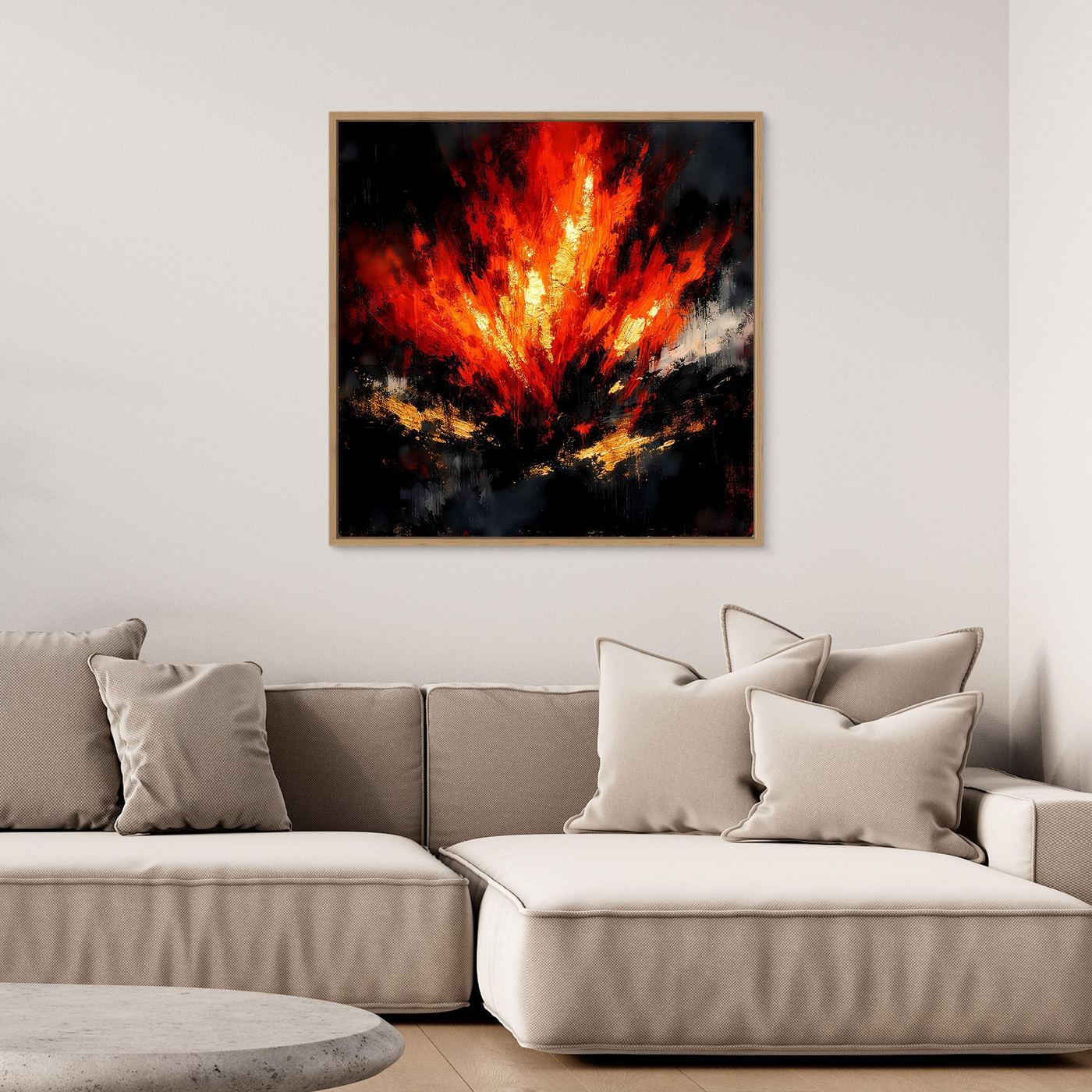 Leinwand-Wandbild: abstraktes Feuer in Rot/Orange, helle Holzumrandung auf dunklem Grund