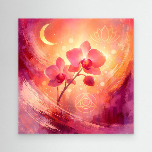 Abstraktes Leinwand-Wandbild mit Orchideenblüten, Mond und Lotus-Symbolen in Pink-Orange