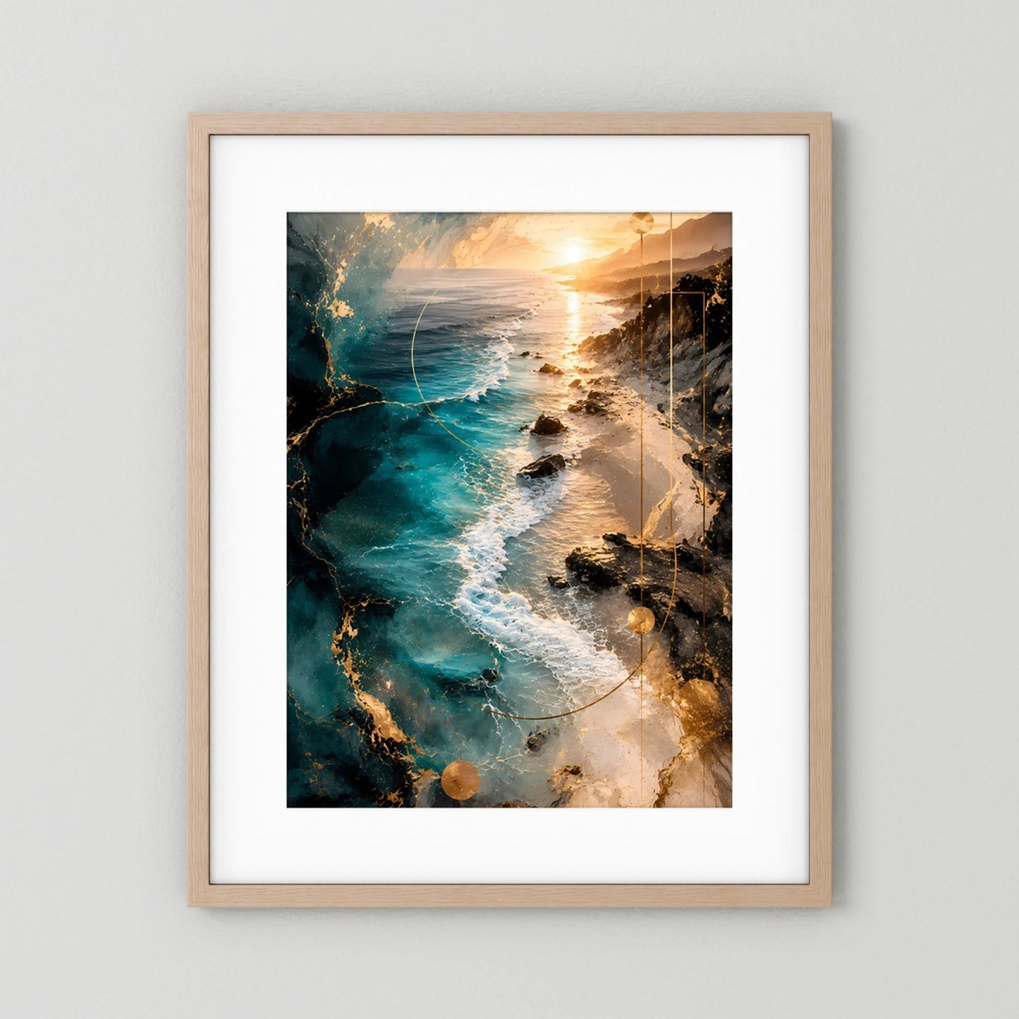 Gerahmtes Hochformat-Poster mit beigem Holzrahmen und weißem Passepartout, türkis-golden