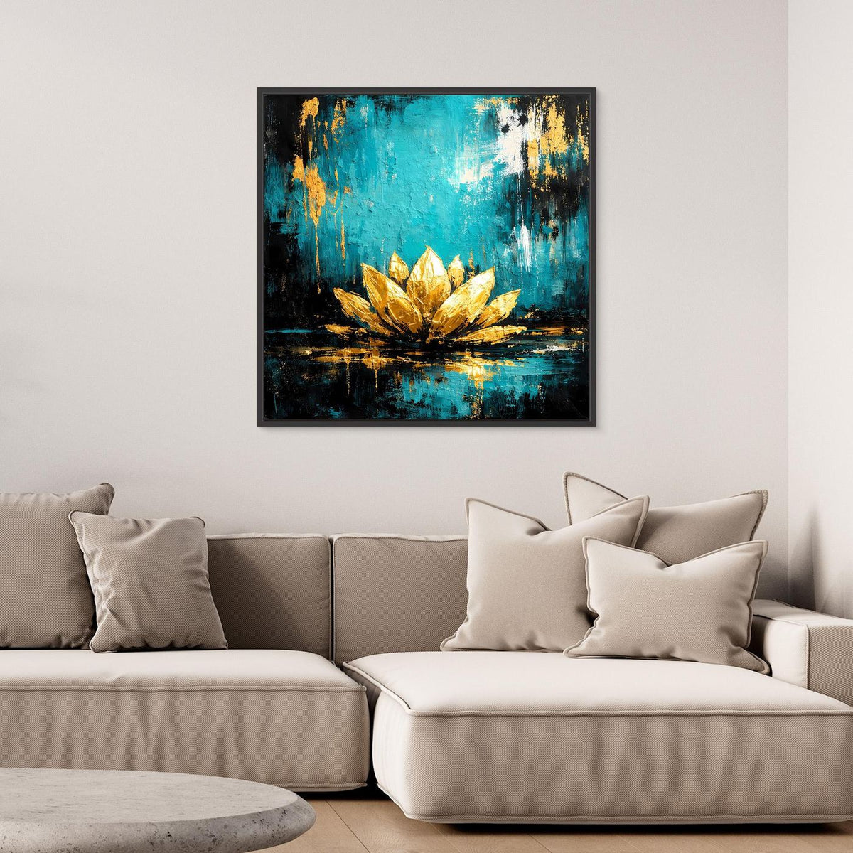 Wandbild mit abstrakter Lotusblüte in Türkis und Gold, schwarzer Rahmen