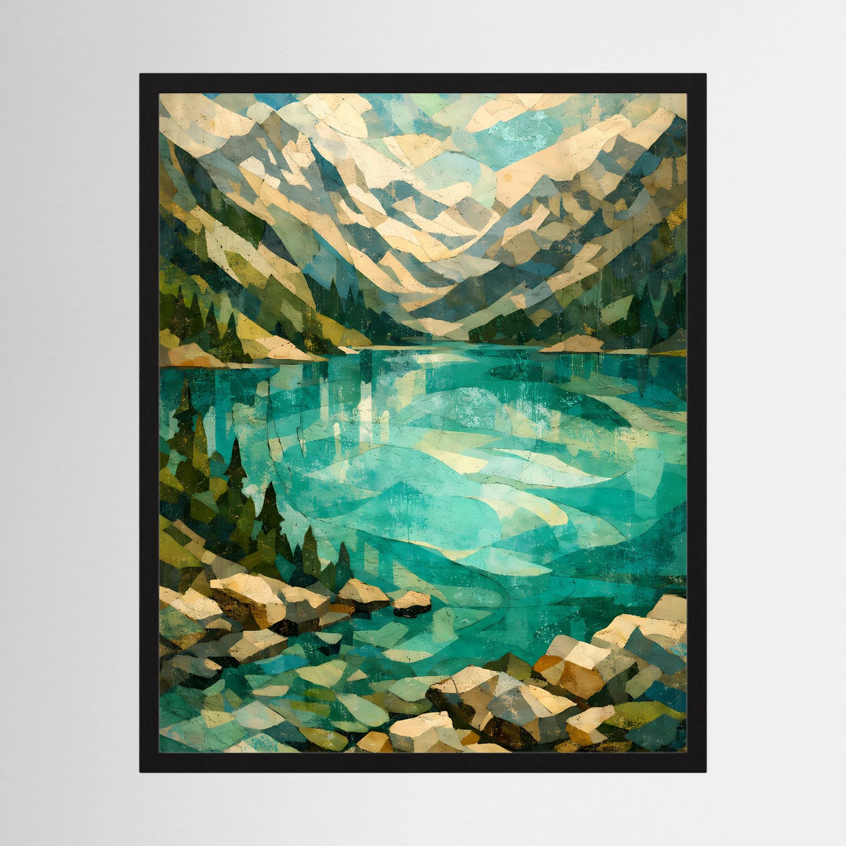 Kunstposter im Hochformat mit schwarzem Rahmen: abstrakte Alpenlandschaft in Türkis