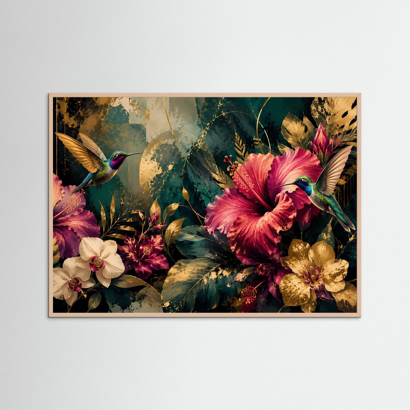 Querformat-Poster mit Kolibris und tropischen Blüten, roter Holzrahmen