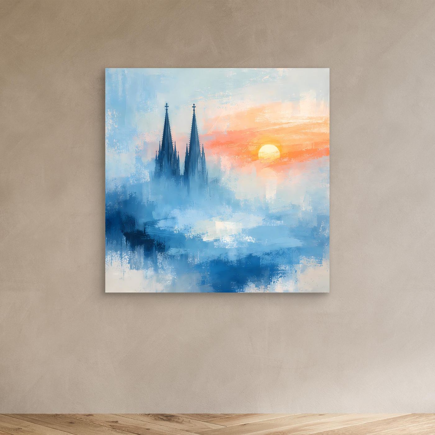Kölner Dom Silhouette in Nebelblau | Moderne Abstrakte Leinwand mit Sonnenaufgang