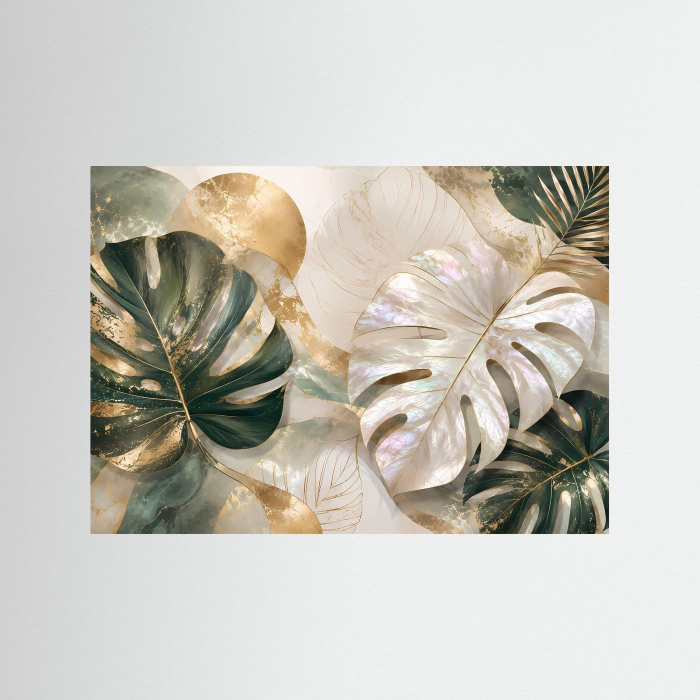 Poster im Querformat mit Monstera-Blättern in Creme, Gold und dunklem Grün, ohne Rahmen