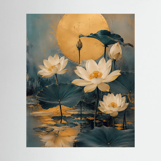 Hochformat-Poster mit weißen Lotusblüten, goldener Mondsichel und grünen Seerosen