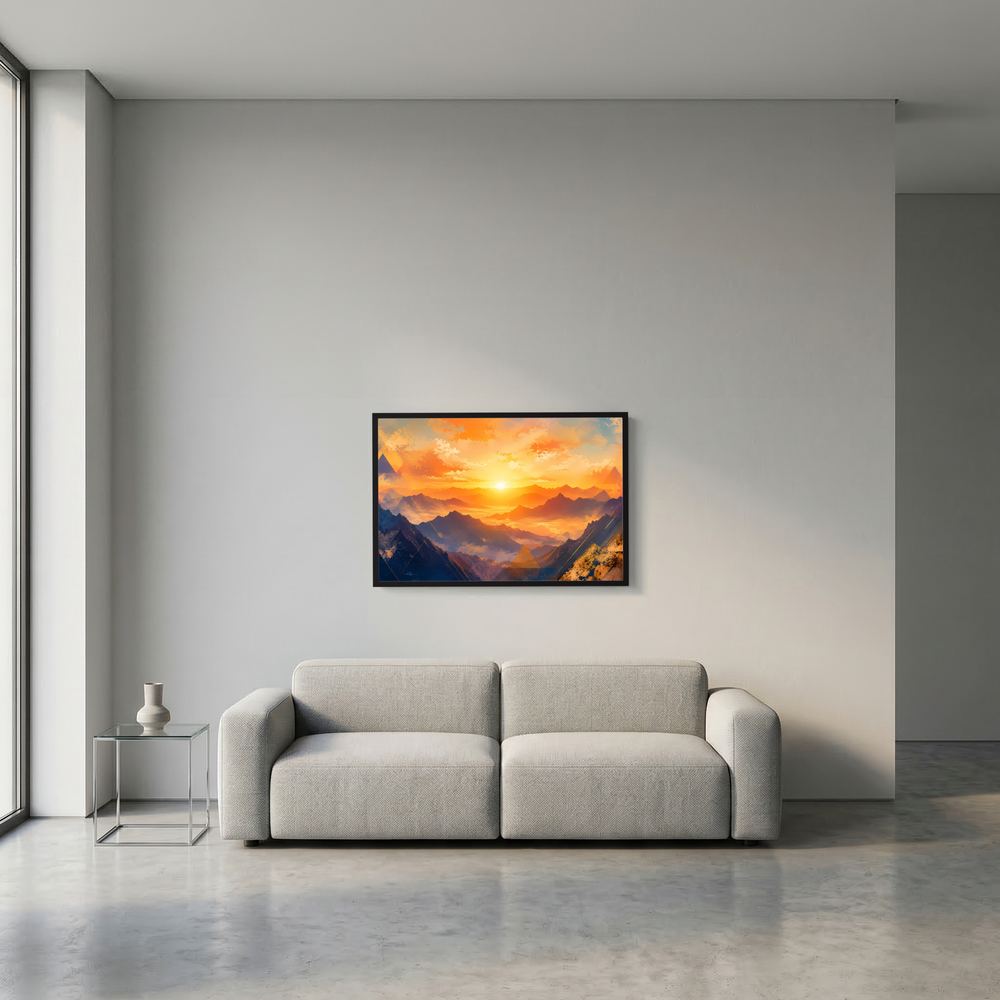Kleines gerahmtes Landschaftsbild mit Bergpanorama im Sonnenuntergang, orange-blau, schwarzer Rahmen
