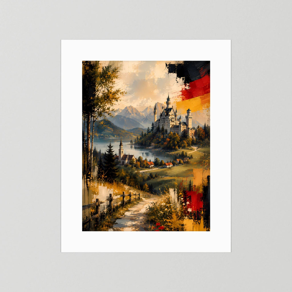 Kunstposter im Hochformat ohne Rahmen: abstrakte Alpenlandschaft mit Schloss, Pfad und Goldtönen