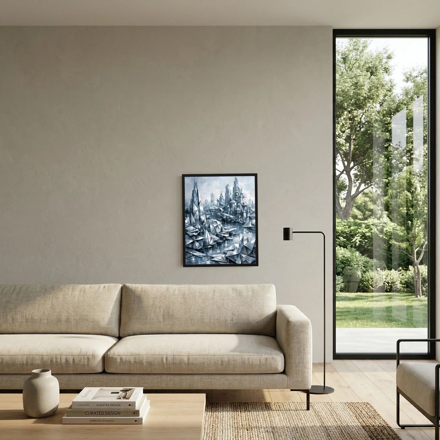 Wandbild mit geometrischer Fantasy-Stadt in Silber und Blau im schwarzen Rahmen