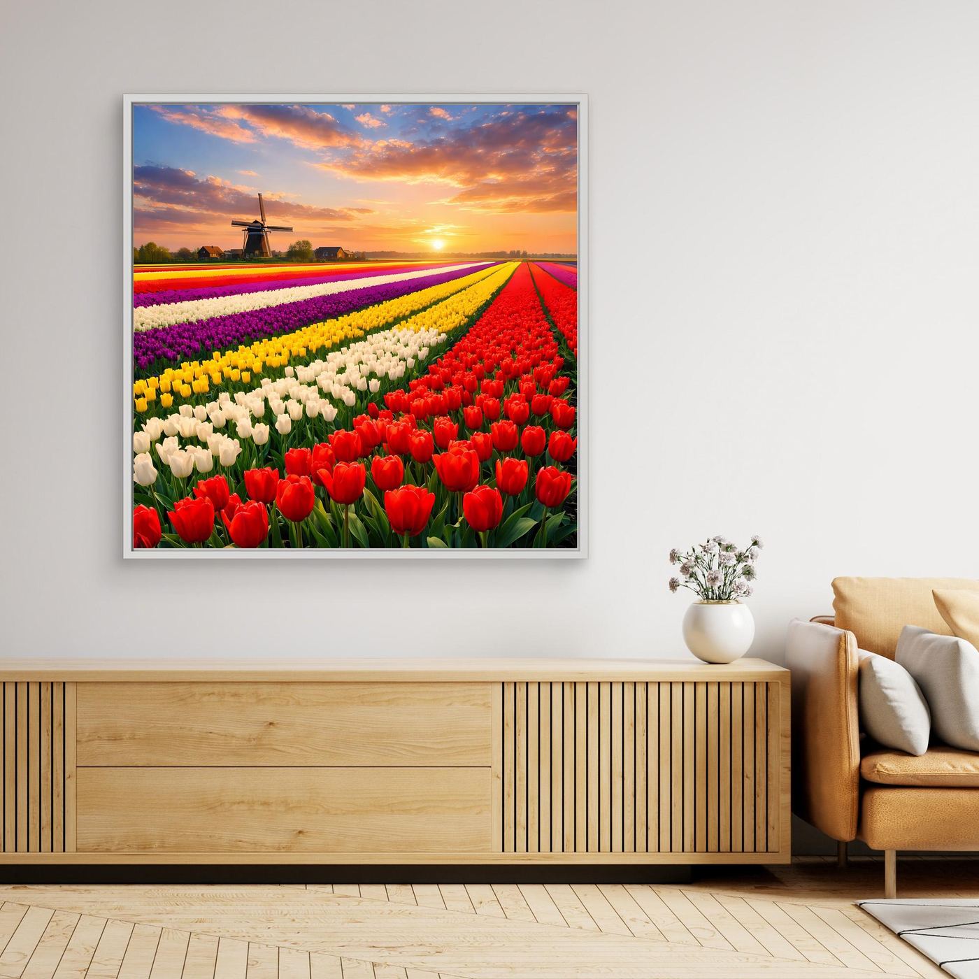 Leinwandbild mit weißem Rahmen: Tulpenfeld Rot/Gelb/Lila mit Windmühle