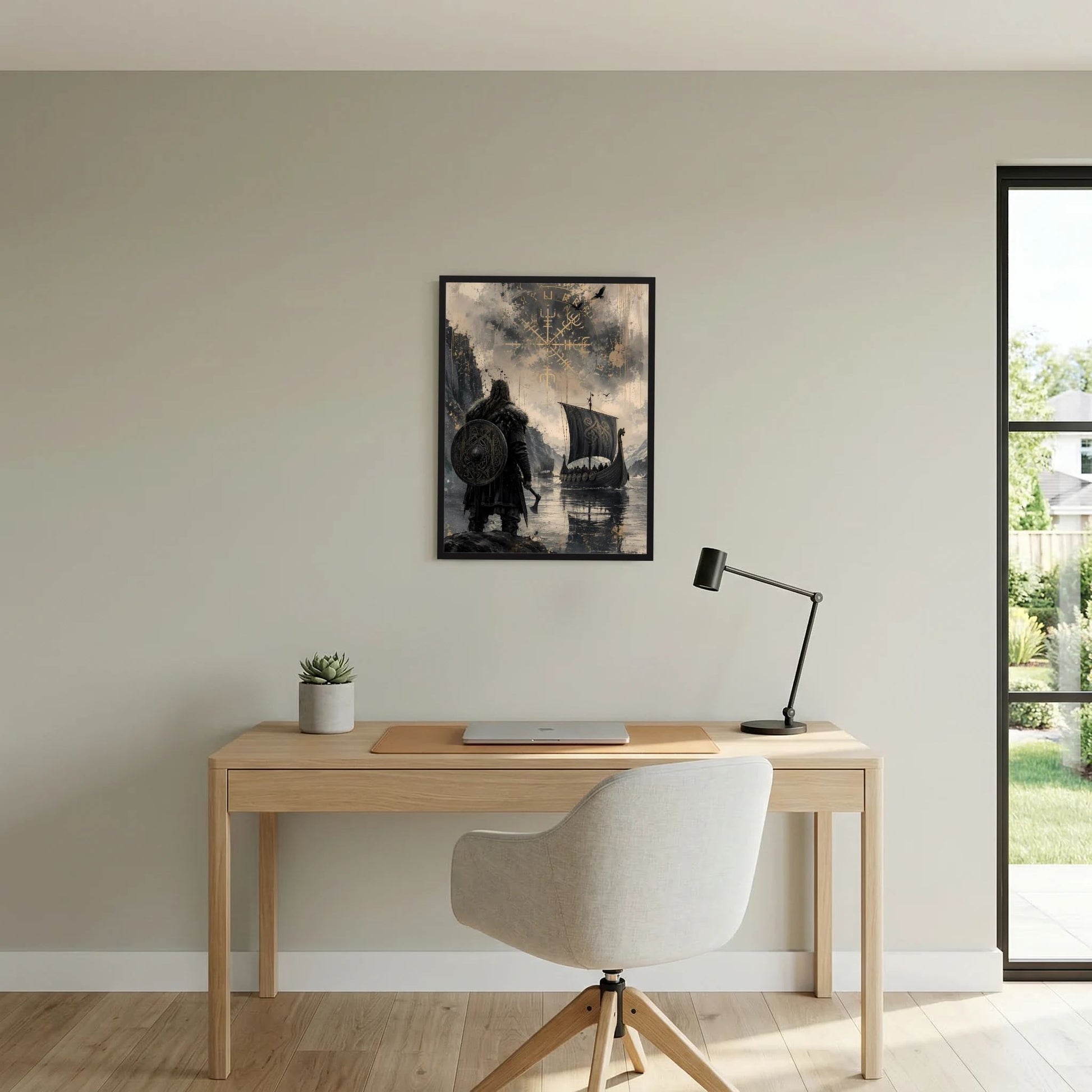 Hochformat-Poster mit Wikingerkrieger, Langschiff und Runen im schwarzen Rahmen
