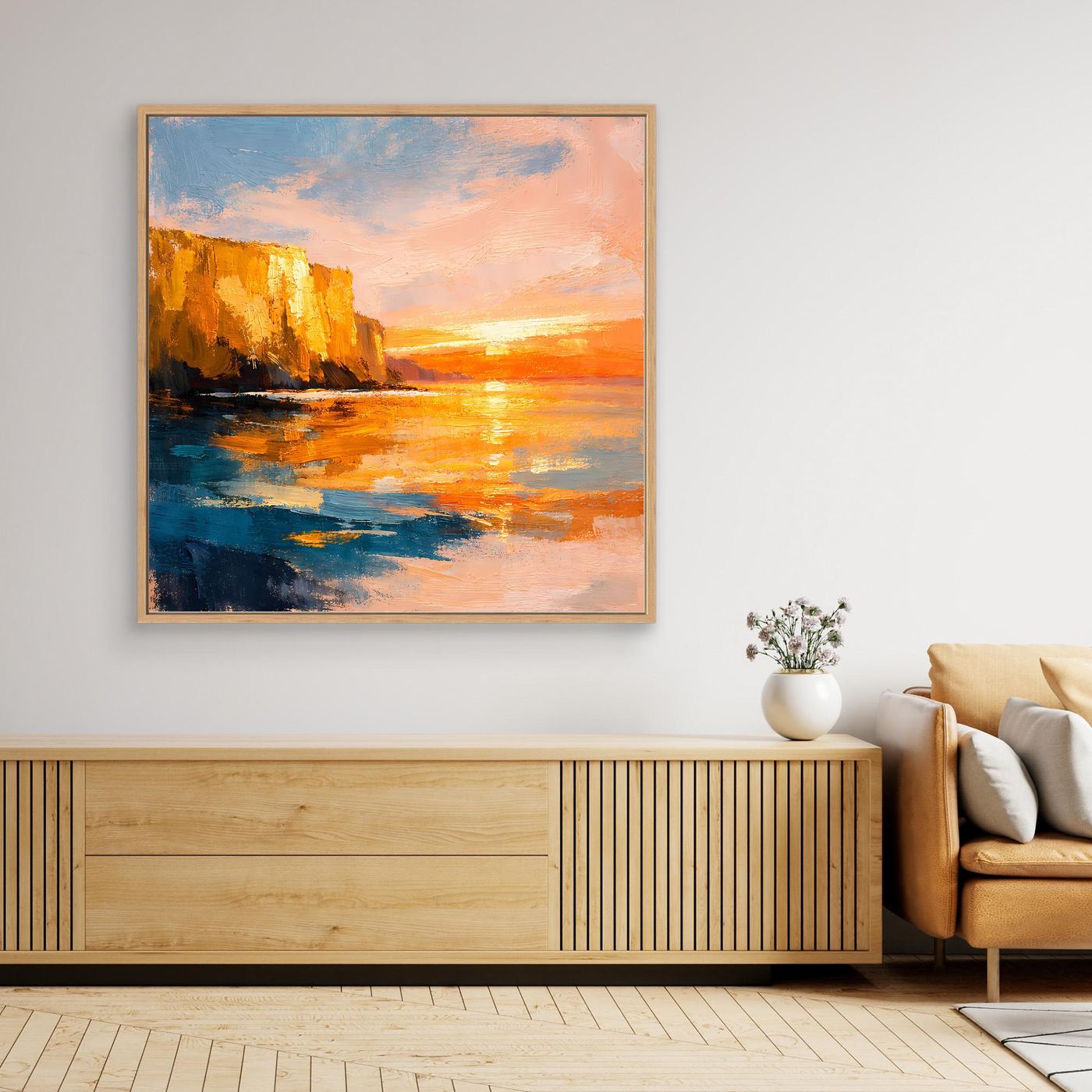 Leinwand Goldener Sonnenuntergang an der Steilküste | Abstraktes Meeres Wandbild