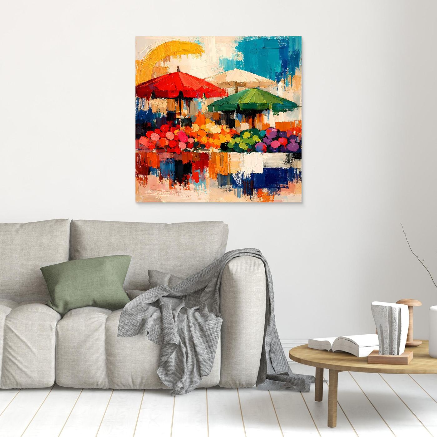 Abstraktes Leinwand-Wandbild mit roten und grünen Marktschirmen und bunten Blumen
