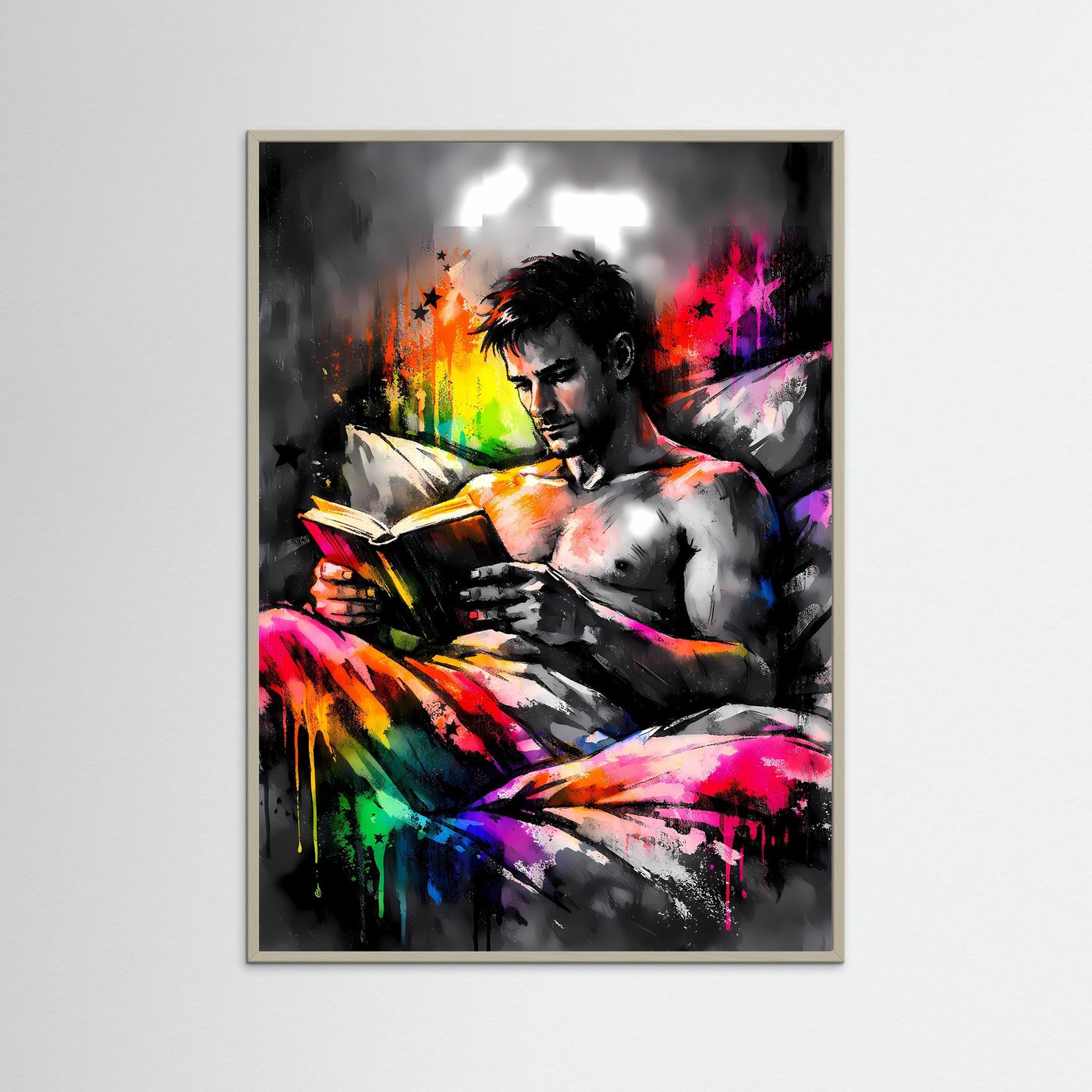 Die Kunst des Wissens | Abstraktes Lese-Poster mit männlicher Silhouette & Regenbogen-Farben | Modernes Pop-Art Kunstposter Hochformat
