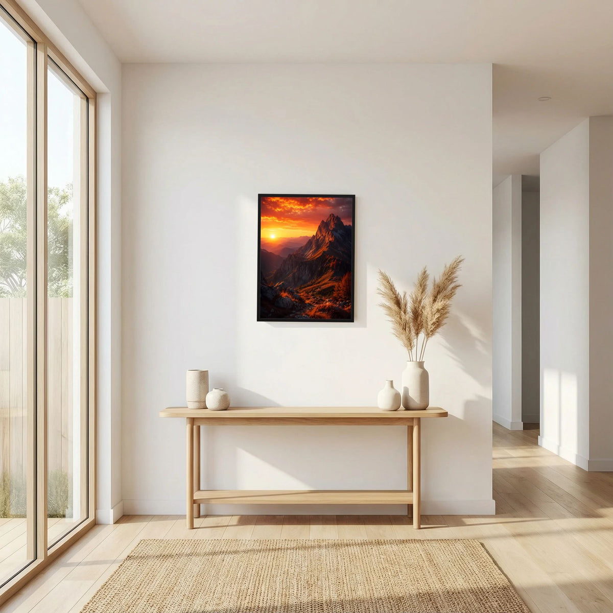 Poster im Hochformat mit Berglandschaft bei Sonnenuntergang, orangefarbenen Gipfeln, schwarzem Rahmen