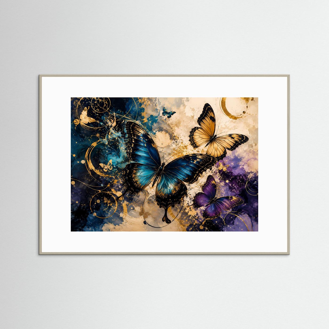 Wandbild mit Schmetterlingen in Blau, Gold und Violett, heller Rahmen
