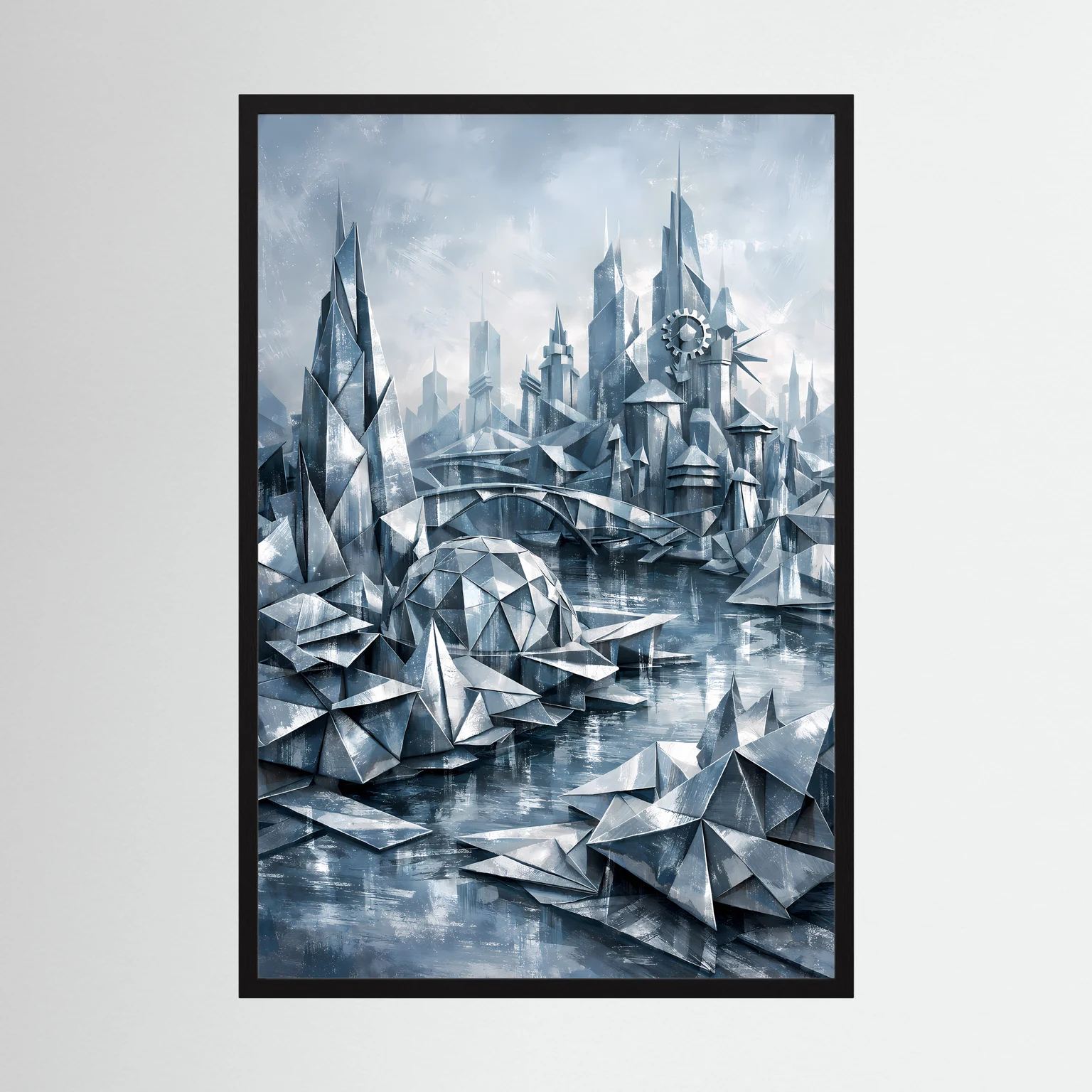 Futuristisches Stadtposter mit silbern-blauer Geometrie, im schwarzen Rahmen.