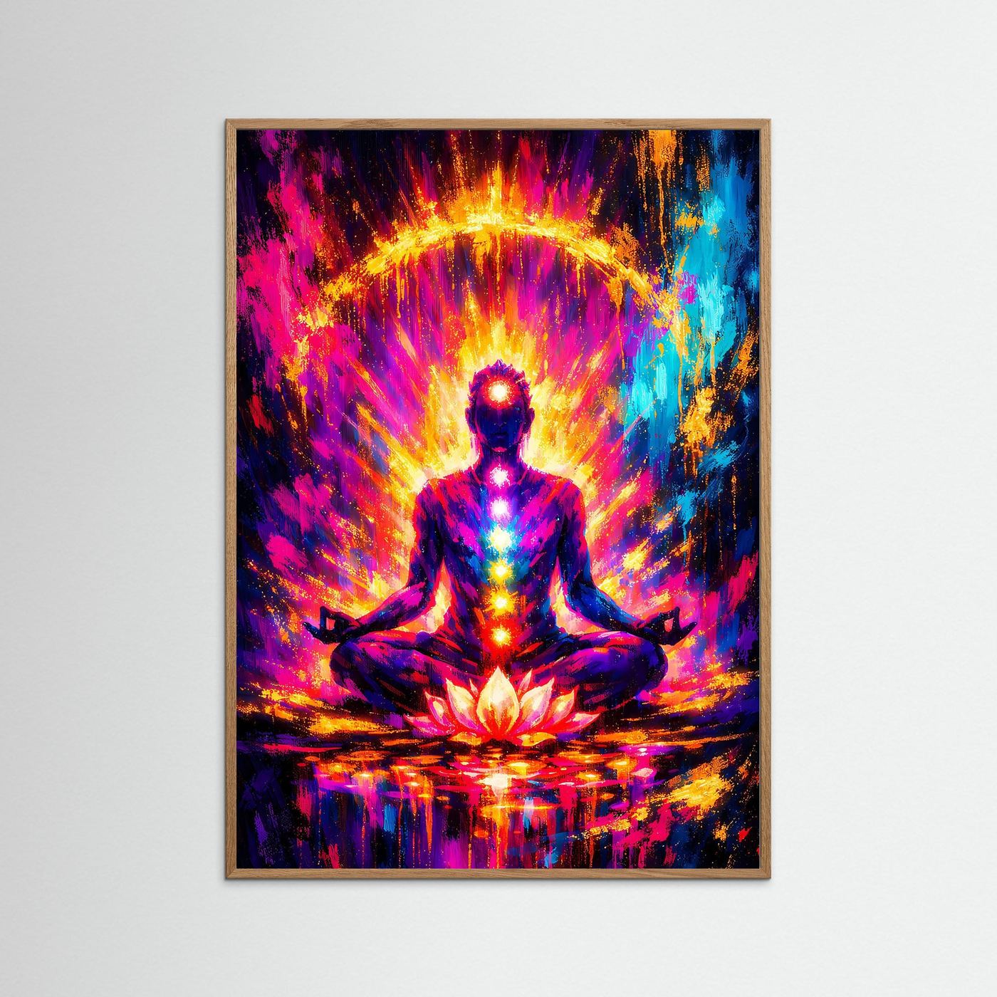 Meditationsposter mit Lotussitz-Figur, leuchtender Aura und Lotusblüte, Holzrahmen