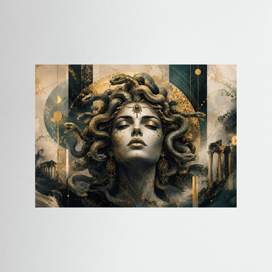 Poster im Querformat mit Medusen-Porträt: silbernes Gesicht, goldene Schlangen, dunkler Hintergrund