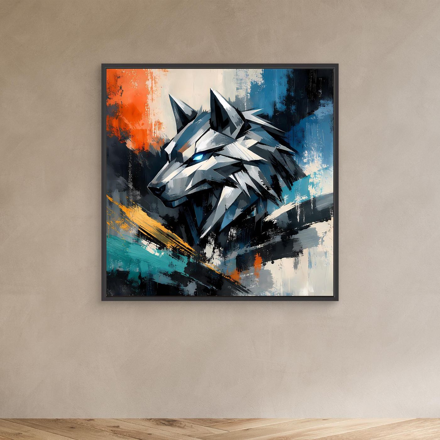 Leinwandbild mit geometrischem Cyber-Wolf im schwarzen Rahmen, abstraktes Mecha-Motiv