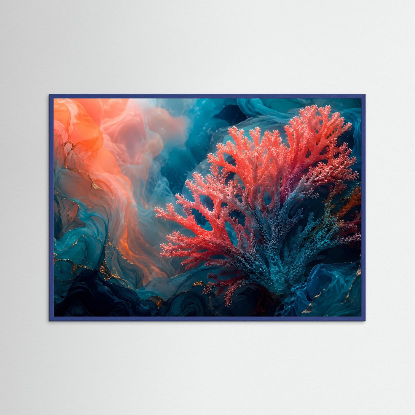 Unterwasser-Kunstposter mit Korallenmotiv in Coral- und Blautönen, blauer Rahmen