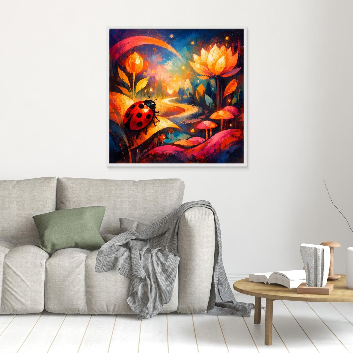 Wandbild mit Marienkäfer und buntem Pfad, gelbe Blüten, schwarzer Rahmen